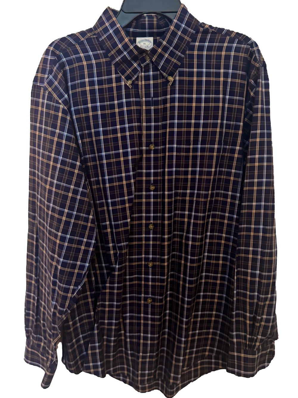 Brooks Brothers Navy and Brown Plaid Button-Down Shirt XL Slim Fit